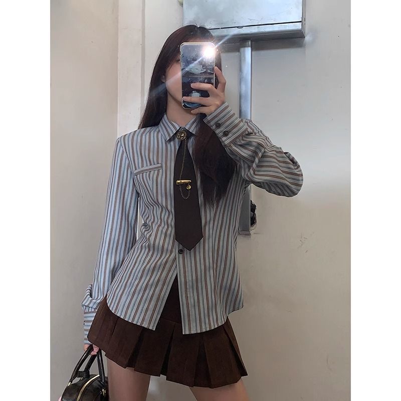 長袖襯衫女裝2024春秋季新款內搭洋氣減齡學院風上衣法式條紋襯衣