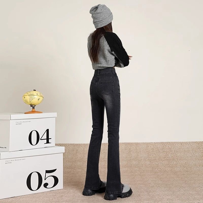 黑灰色微喇牛仔裤女秋冬时尚感新款高腰显瘦显高小个子喇叭马蹄裤