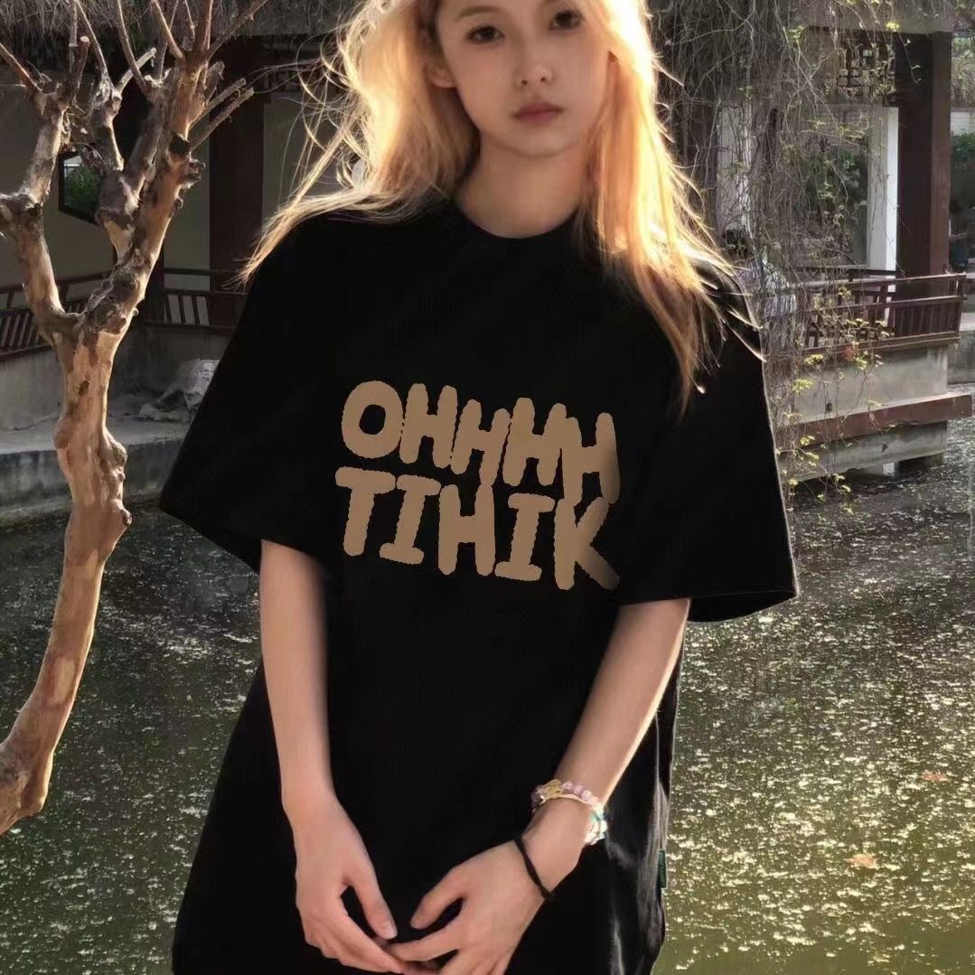 美式復古設計感簡約字母潮牌ins寬鬆小眾短袖T恤女夏黑色純棉上衣
