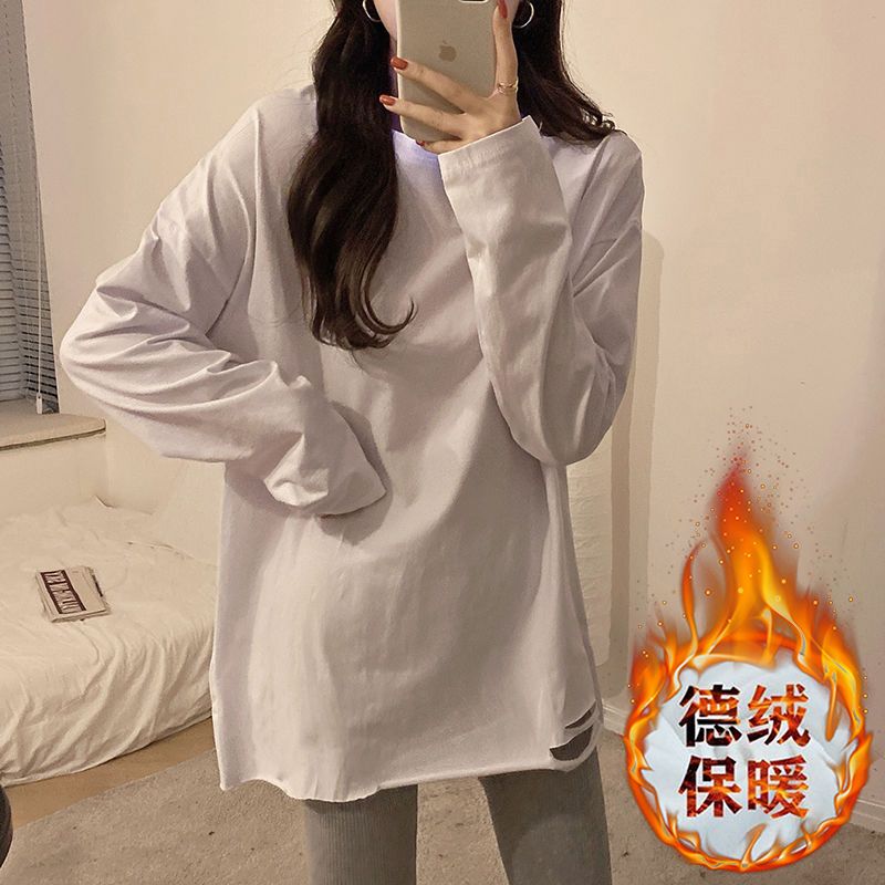 白色圓領打底衫T恤秋季新款韓版設計感小眾破洞長袖內搭上衣潮ins