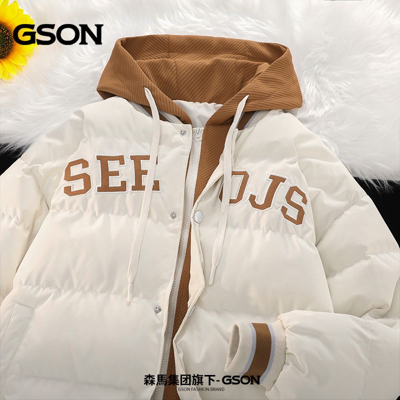 GSON冬季假兩件潮牌棉衣服加厚連帽保暖寬鬆棉襖學生外套