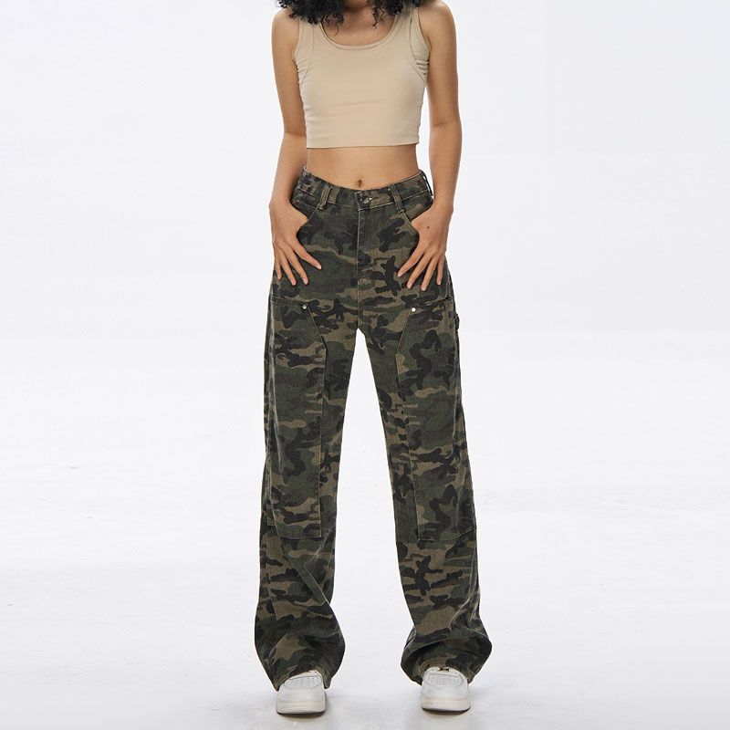 美式迷彩工裝牛仔褲女高腰hiphop嘻哈甜辣闊腿休閒直筒牛仔褲子