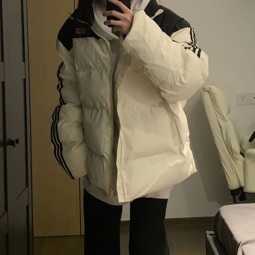 米白色復古美式條紋拼接立領棉衣棉服外套冬季保暖學生加厚麵包服