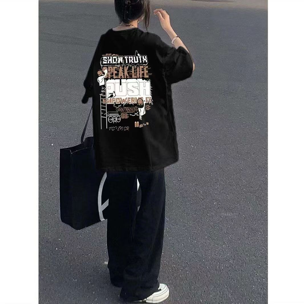 100%純棉2024夏季裝新款國潮印花短袖T恤潮牌寬鬆情侶上衣黑色t恤
