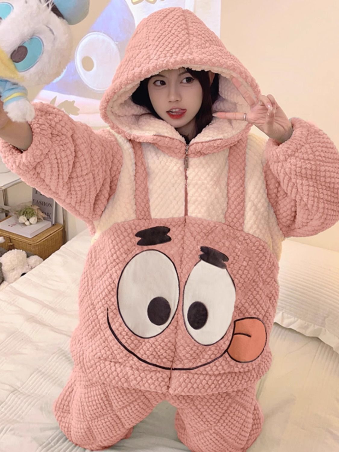 可愛睡衣女冬款加絨加厚冬季珊瑚絨連帽三層夾棉法蘭絨冬天家居服