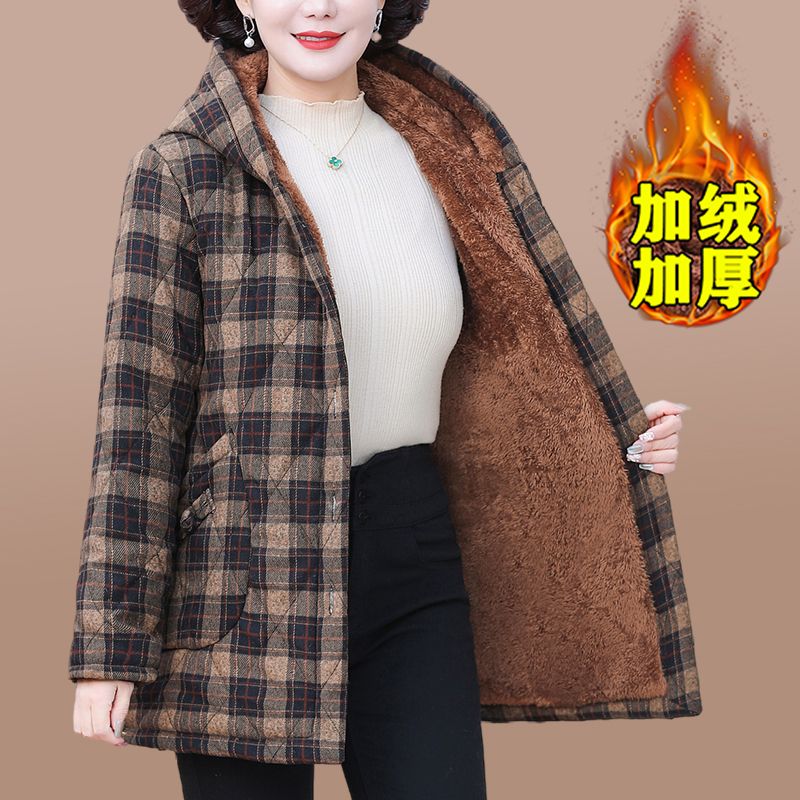 媽媽冬裝加絨格子棉衣女裝50歲60中老年人加厚棉襖外套中年女棉服