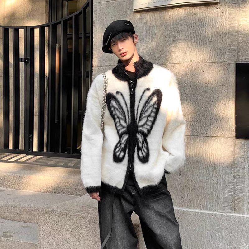 重磅美式小眾蝴蝶立領毛絨毛衣男秋冬保暖針織開衫慵懶風毛毛外套