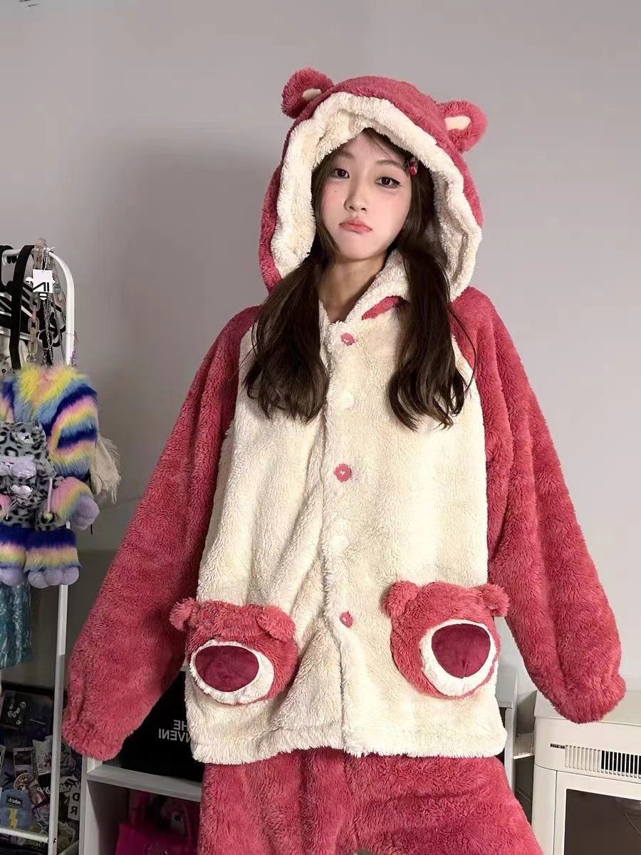 Cute strawberry bear thickened pajamas for women coral velvet winter new plush hooded dormitory suit home wear outer wear