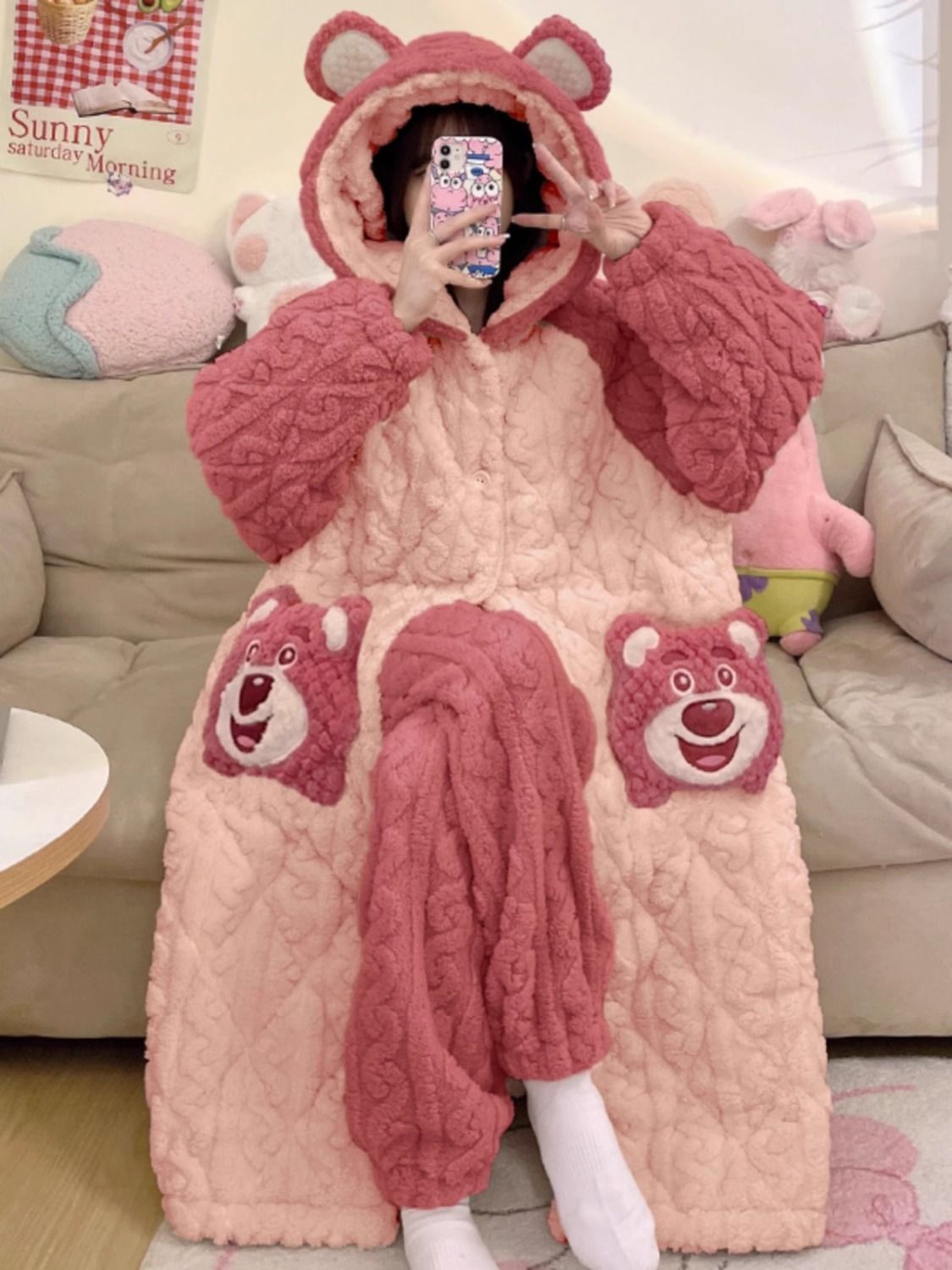 可愛睡袍冬季天三層夾棉襖加厚加絨小熊睡衣女款珊瑚絨家居服套裝