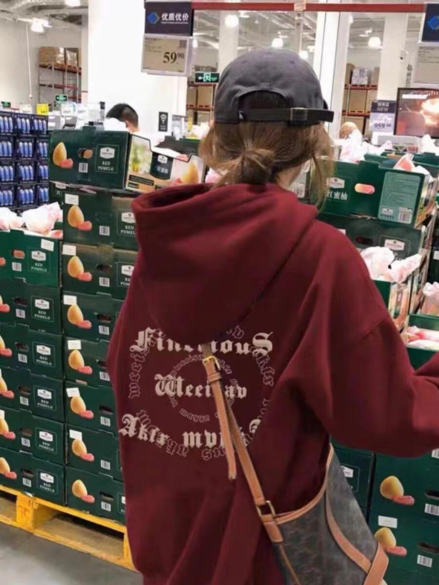 國潮秋冬季連帽多巴胺加絨酒紅色衛衣加厚寬鬆美式復古上衣外套潮