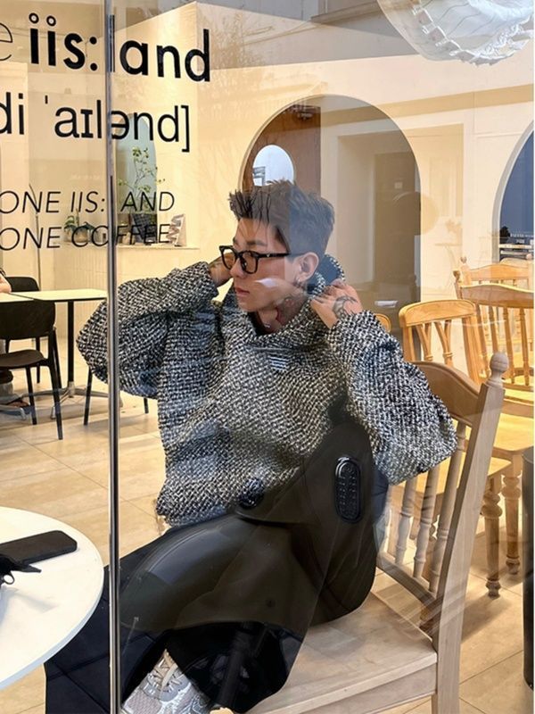 美式復古小香風連帽衛衣外套男高級感vintage粗花呢套頭衫上衣潮