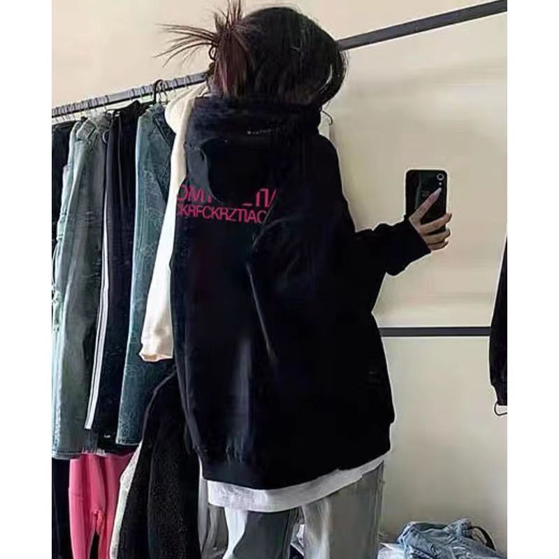 美式新款高街情侶衛衣男女秋冬寬鬆中長款慵懶風加絨加厚連帽上衣