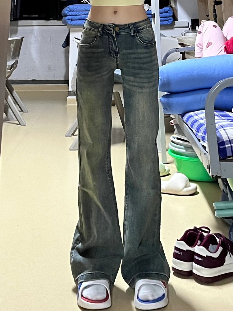 做舊微喇叭牛仔褲女冬季新款美式辣妹彈力緊身顯瘦百搭直筒褲子潮