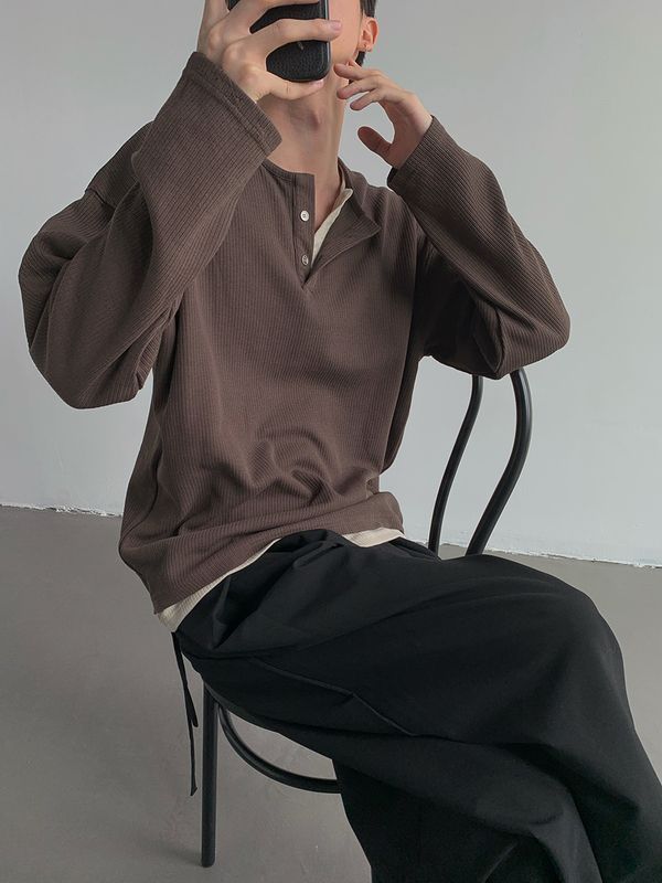假兩件慵懶褶皺肌理感亨利領T恤男秋冬季休閒內搭打底衫長袖上衣