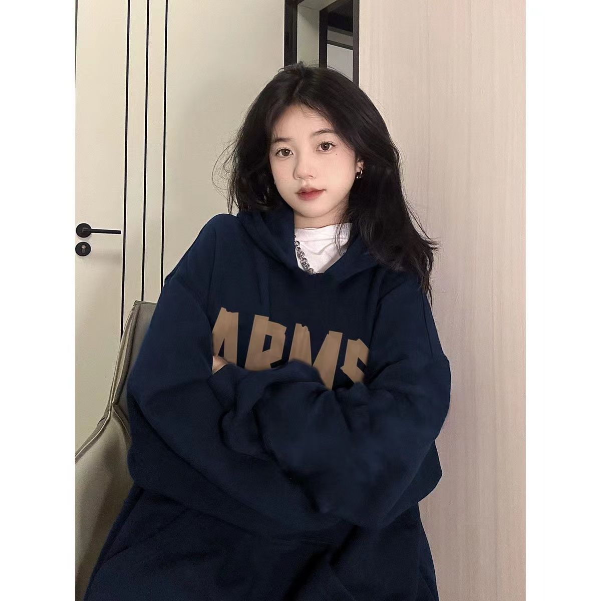 vibe風字母印花藏青色連帽衛衣女秋冬季新款學生寬鬆加絨加厚上衣