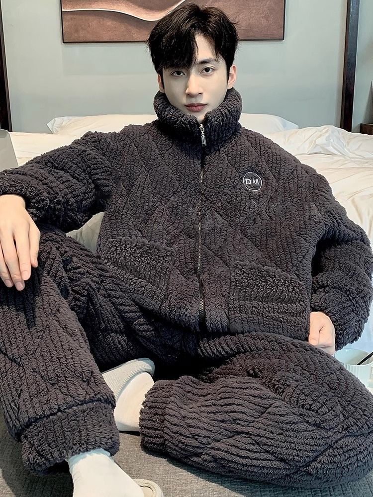 珊瑚絨男士睡衣三層夾棉襖冬季天款加絨加厚拉鏈法蘭絨男生家居服