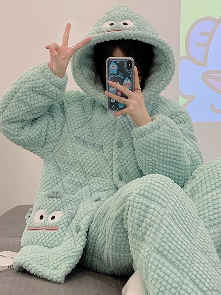 2023新款秋冬季三層夾棉加絨加厚珊瑚絨小丑魚睡衣女家居服法蘭絨