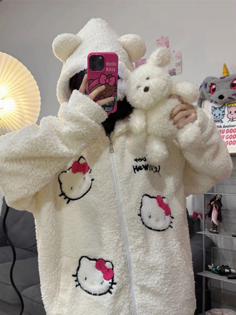 羊羔绒HelloKitty刺绣外套女冬季加厚保暖可爱甜酷宽松棉服棉袄