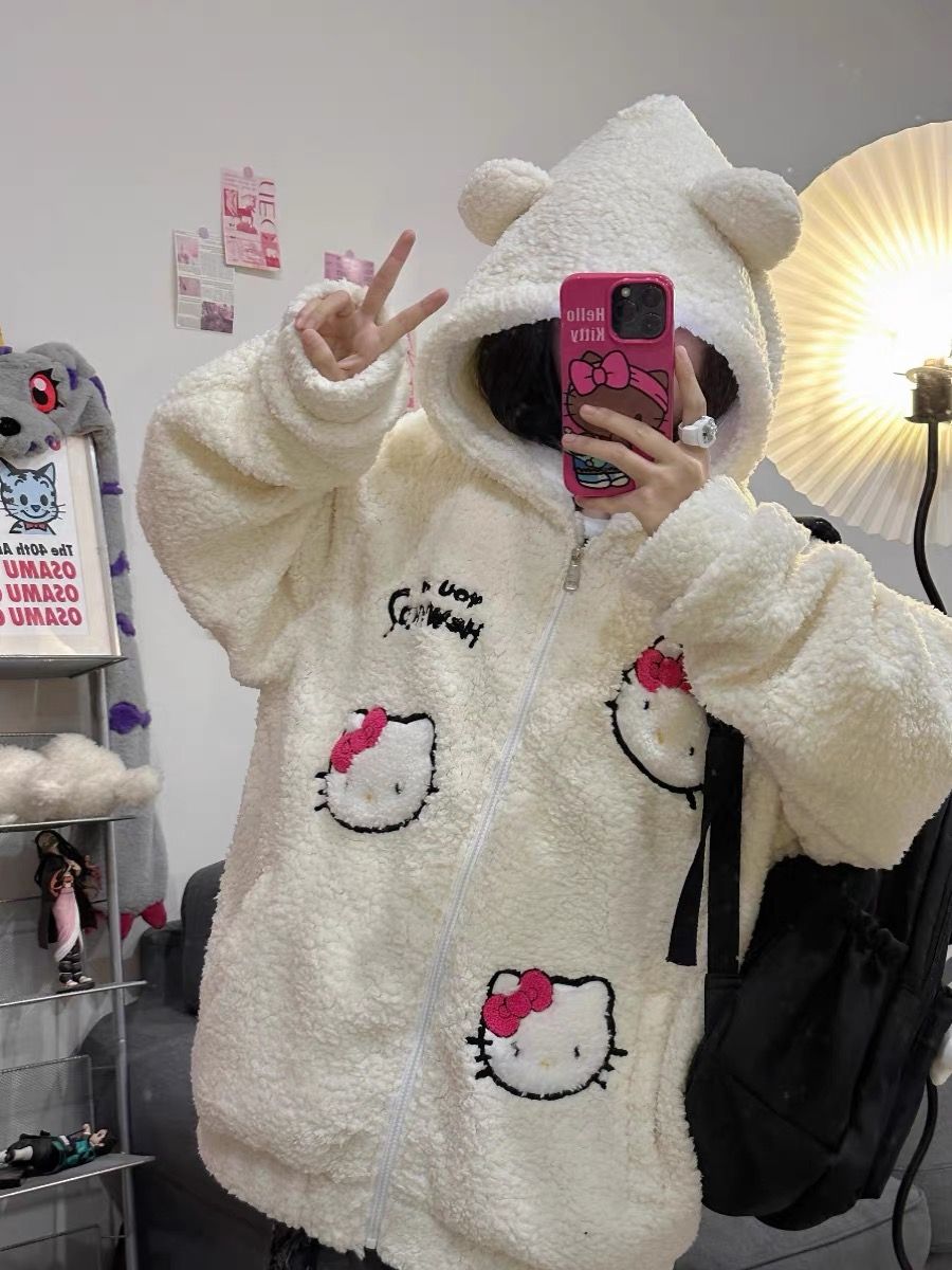 羊羔绒HelloKitty刺绣外套女冬季加厚保暖可爱甜酷宽松棉服棉袄