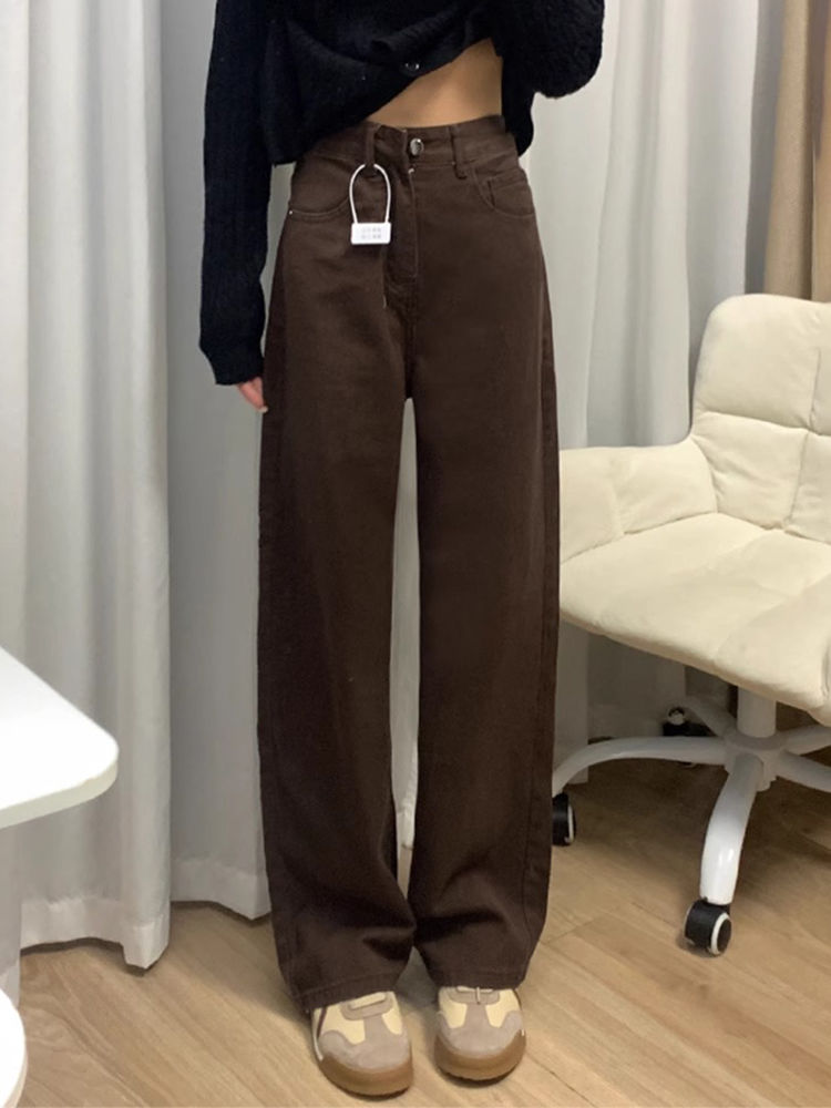 美拉德咖色復古闊腿牛仔褲女秋冬新款高腰寬鬆顯瘦百搭直筒褲子潮
