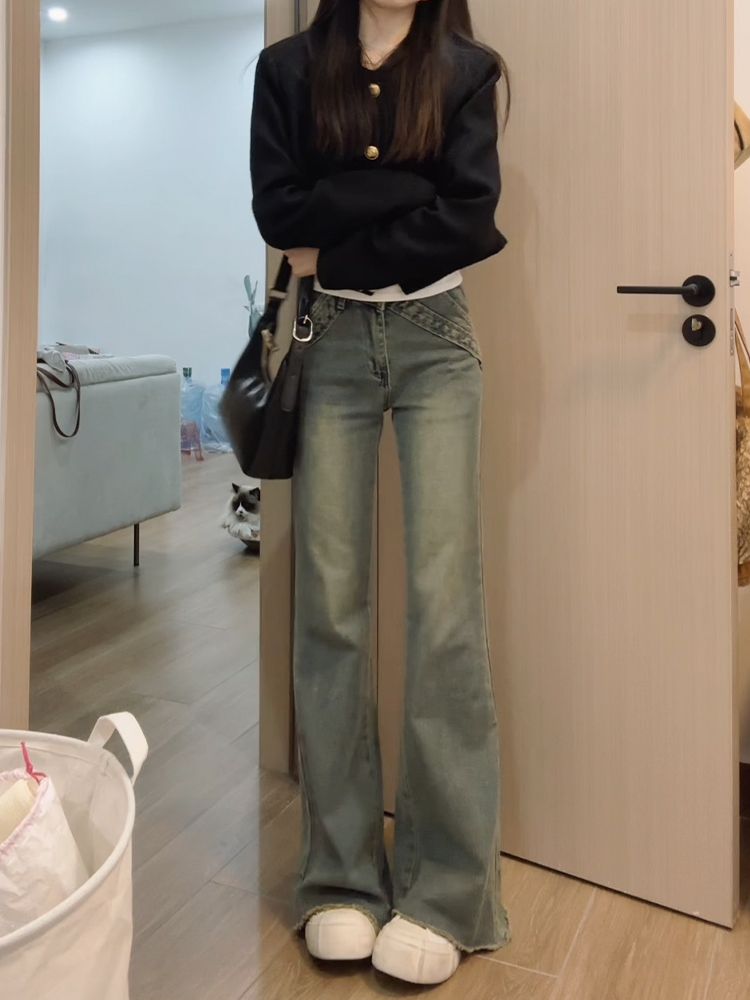 美式辣妹微喇叭牛仔褲女冬季新款設計感低腰寬鬆闊腿顯瘦直筒褲子