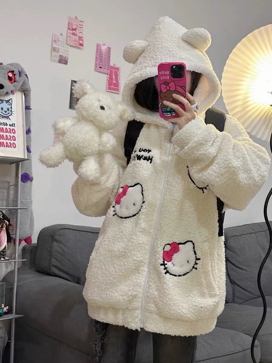 羊羔绒HelloKitty刺绣外套女冬季加厚保暖可爱甜酷宽松棉服棉袄