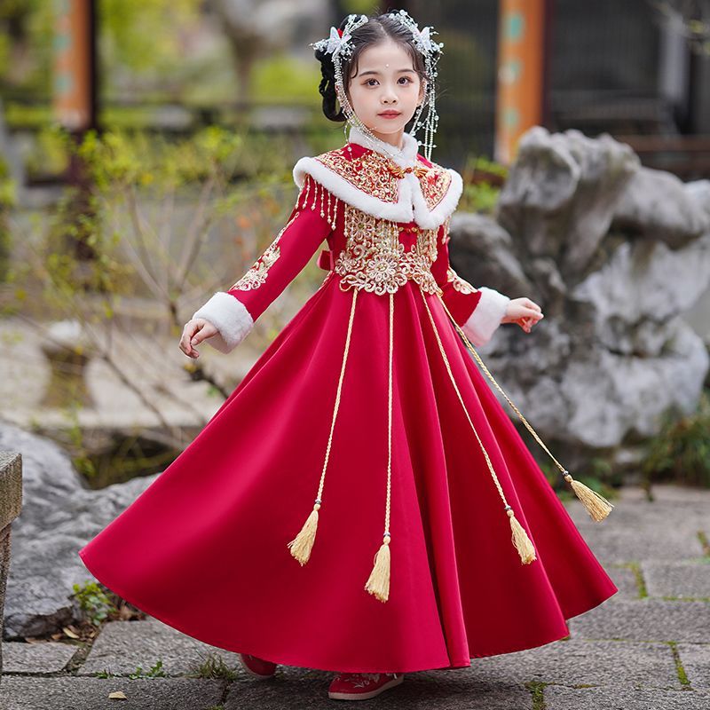 漢服女童冬季連衣裙2023新款冬裝裙子兒童新年公主裙秋冬款拜年服