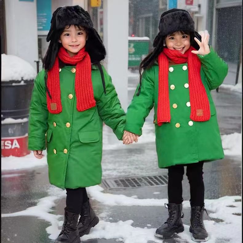 儿童军绿色大衣男童保暖中长款宝宝冬季加绒加厚外套小孩棉衣棉服