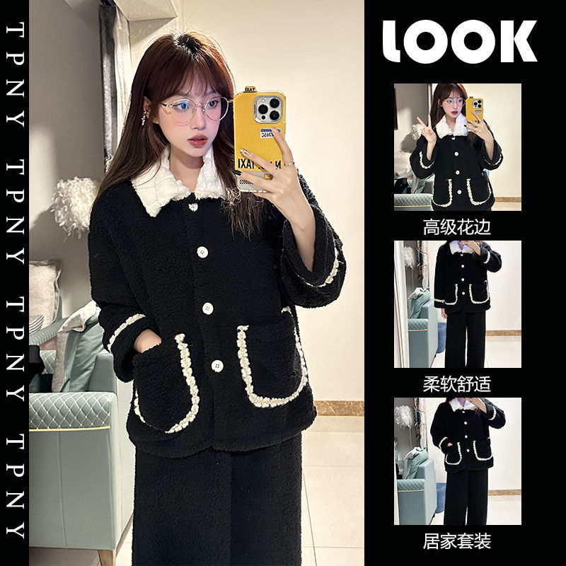 ins small fragrance coral velvet pajamas women's autumn and winter plus velvet thickened warm flannel outer wear home clothes set