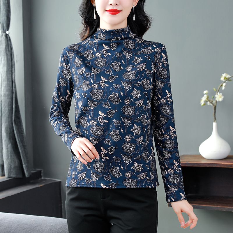 復古翠花T恤女長袖秋冬德絨上衣服可外穿半高領打底衫女人味小衫