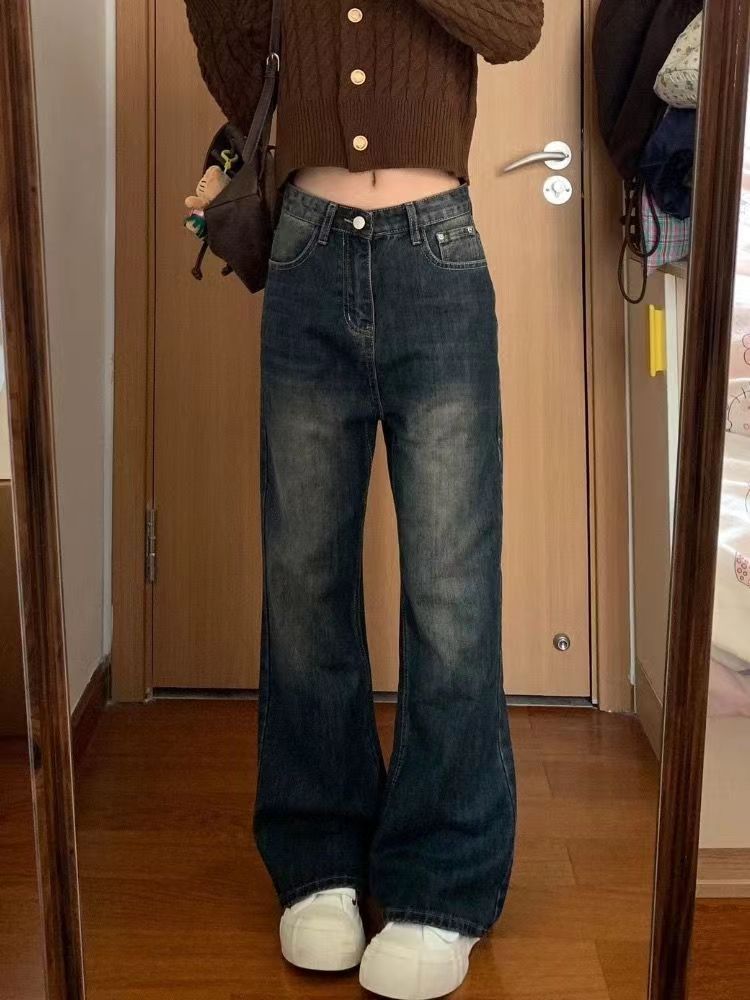 美式高街復古直筒牛仔褲女秋冬新款高腰顯瘦修身垂感拖地闊腿褲子