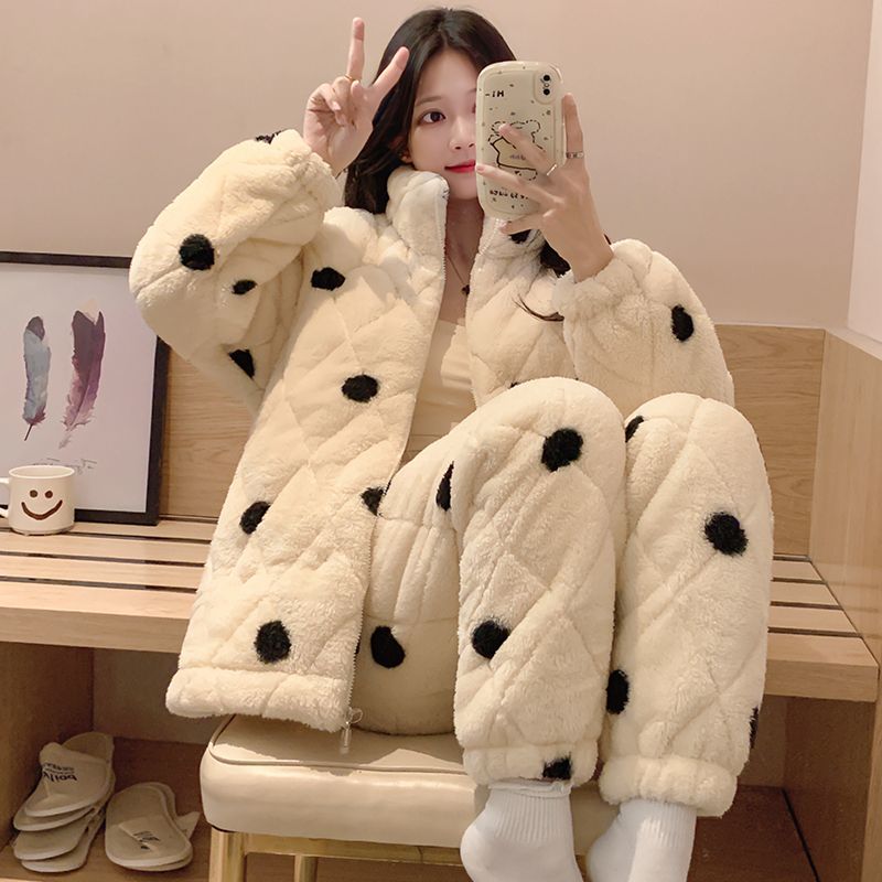 睡衣女款冬季珊瑚絨法蘭絨保暖套裝秋冬天長袖三層加厚夾棉家居服