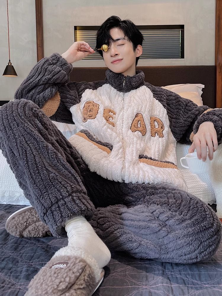 睡衣男冬季珊瑚絨加絨加厚法蘭絨青年男士拉鏈保暖秋冬家居服套裝