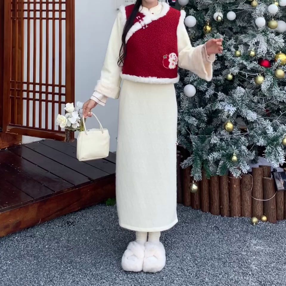 大碼新中式少女感水貂毛蕾絲加絨旗袍羊羔毛紅色馬甲兩件套連衣裙