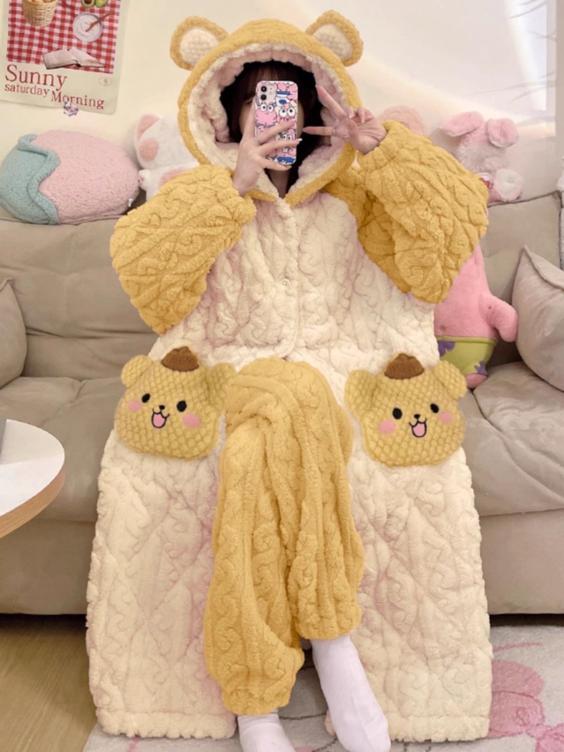 小熊睡袍冬季天珊瑚絨三層夾棉襖加厚加絨睡衣女款可愛家居服套裝