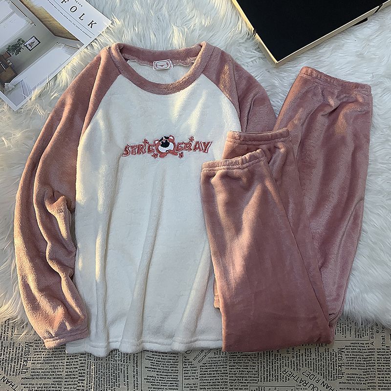 Coral Fleece Pajamas for Women Autumn and Winter Thickened and Velvet Student Long Sleeve Round Neck Cartoon Flannel Home Clothes Set