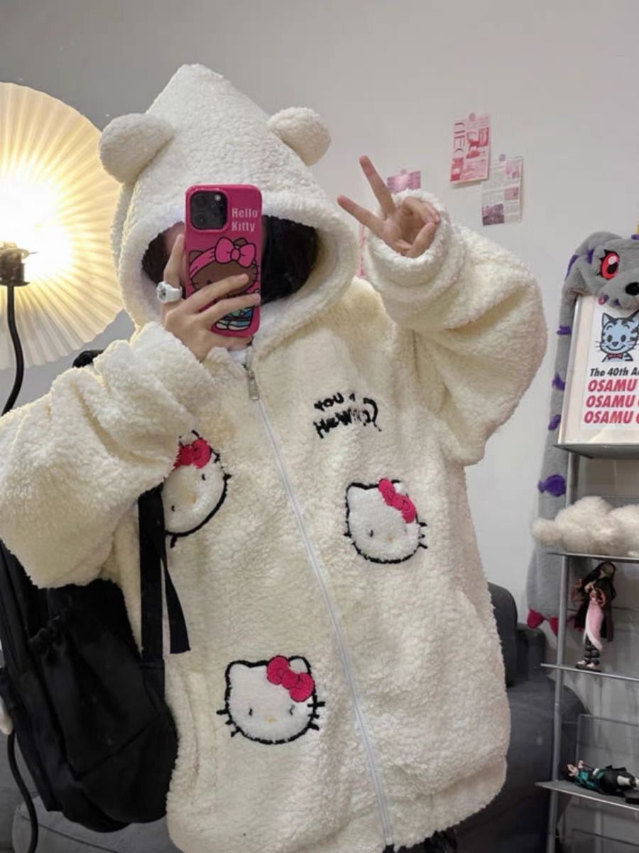 羊羔绒HelloKitty刺绣外套女冬季加厚保暖可爱甜酷宽松棉服棉袄