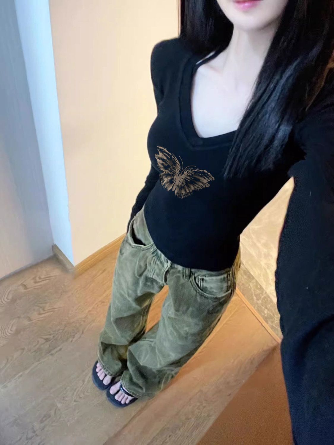 修身短款上衣秋冬V領內搭顯瘦打底衫美式辣妹奶里奶氣bm長袖t恤女