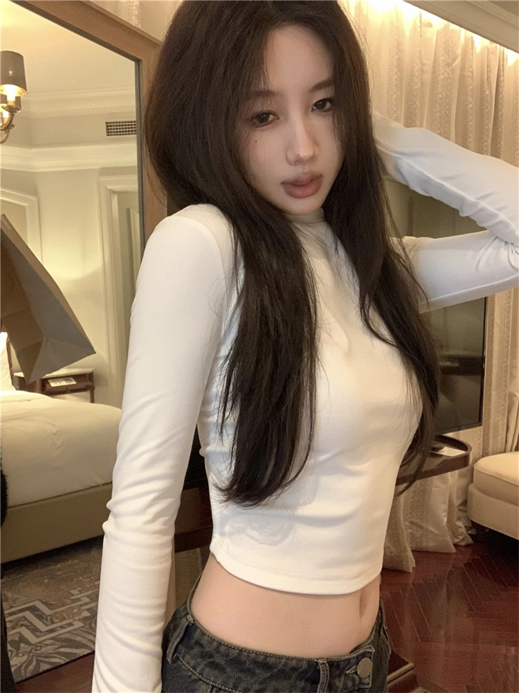 白色半高領德絨打底衫女秋冬季修身顯瘦內搭長袖T恤緊身短款上衣