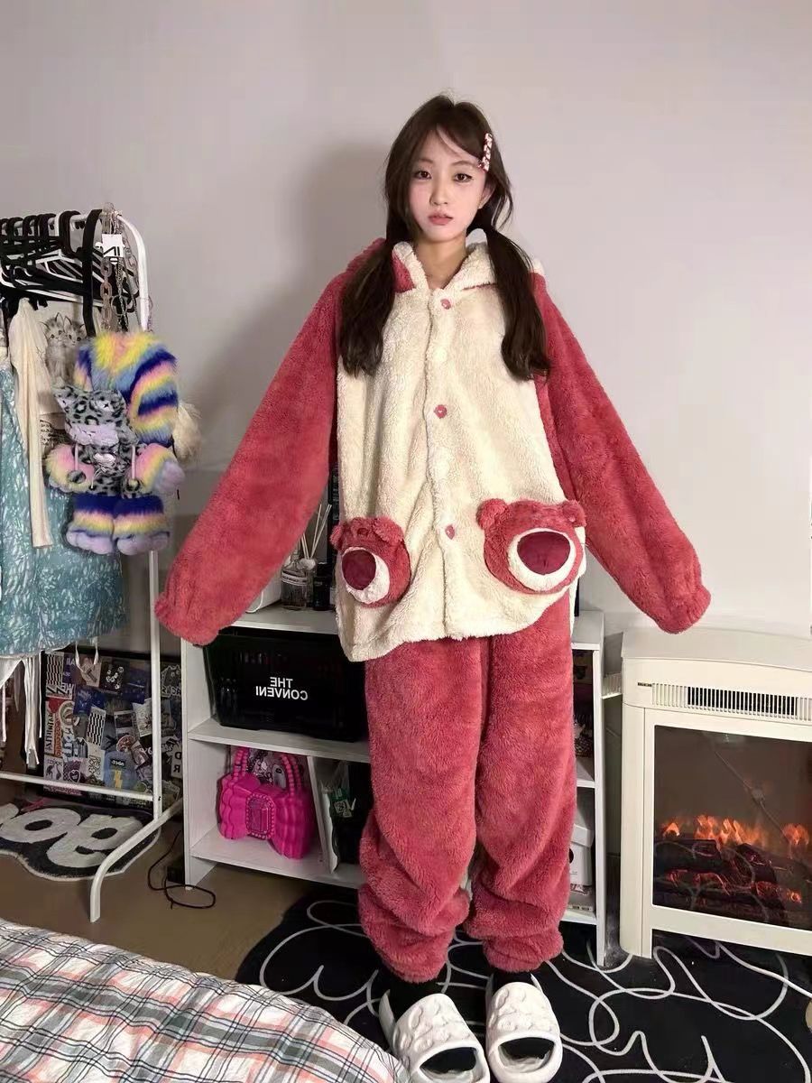 Cute strawberry bear thickened pajamas for women coral velvet winter new plush hooded dormitory suit home wear outer wear