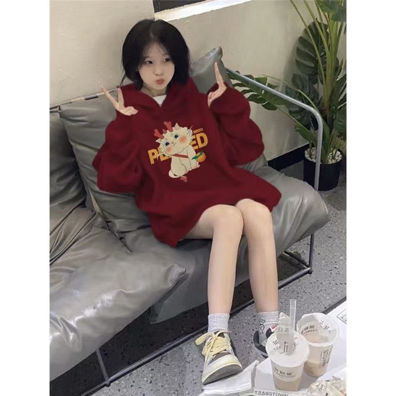 春秋冬新款加絨酒紅色連帽衛衣女情侶款寬鬆ins風垂墜感慵懶風上