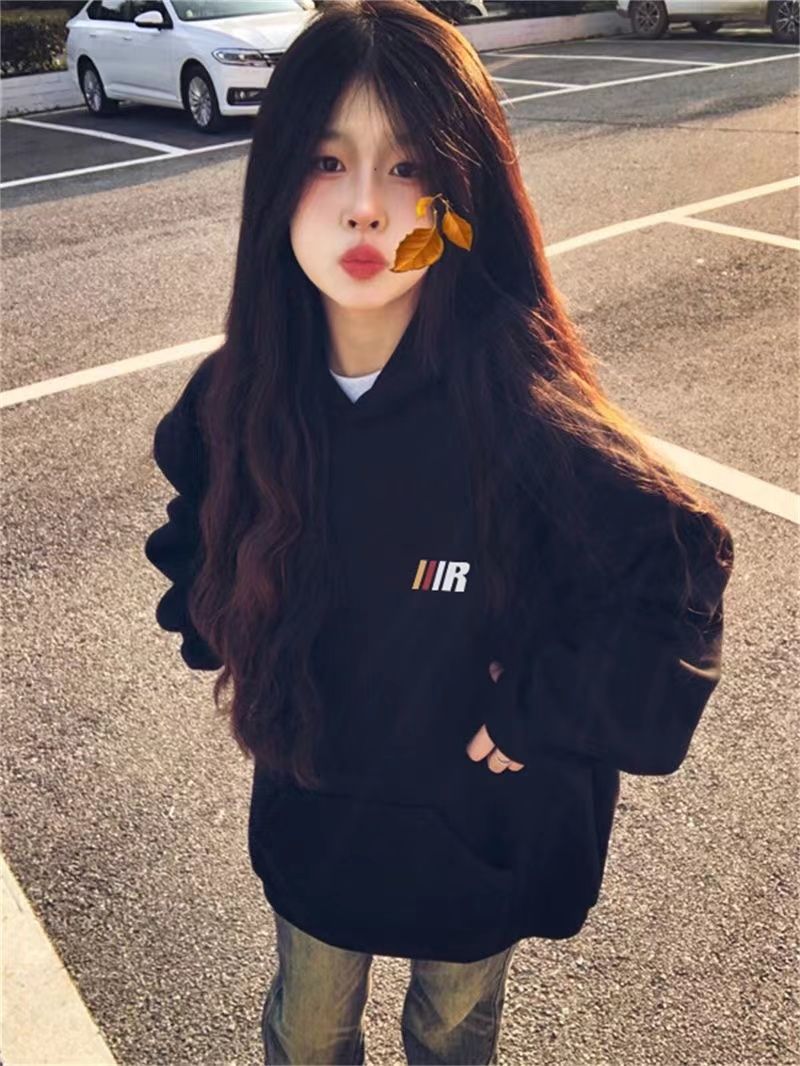 美式情侶款字母印花連帽衛衣女加絨加厚秋冬季寬鬆慵懶風學生外套
