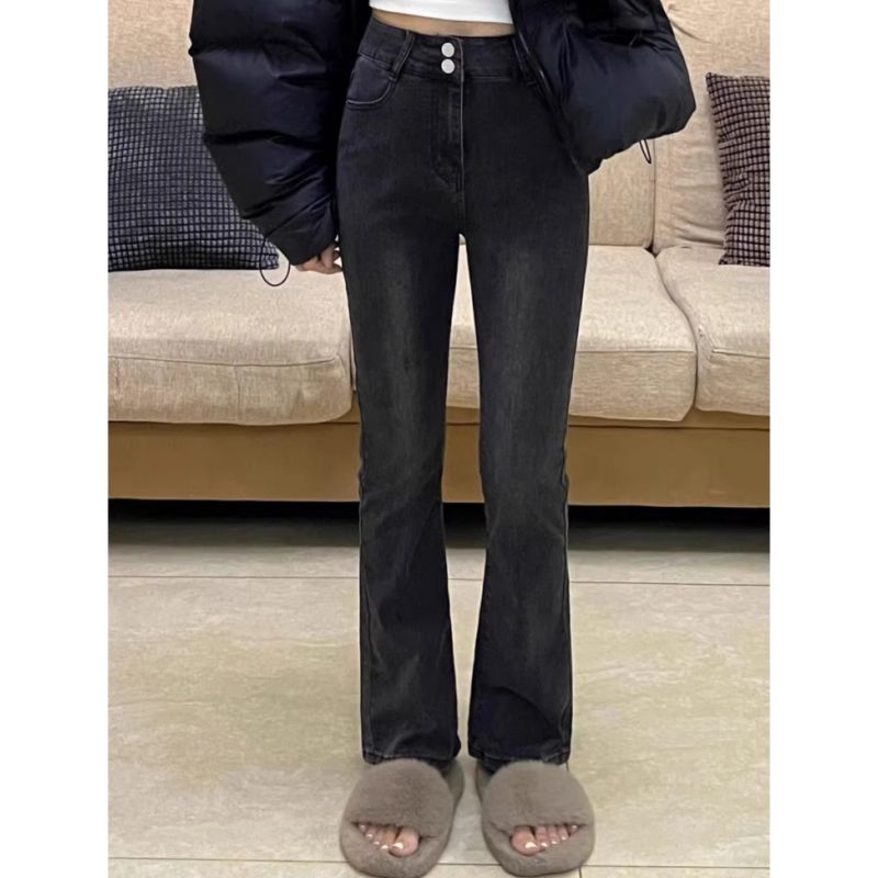 黑灰微喇牛仔裤女秋冬时尚甜美新款高腰弹力小个子拖地马蹄喇叭裤