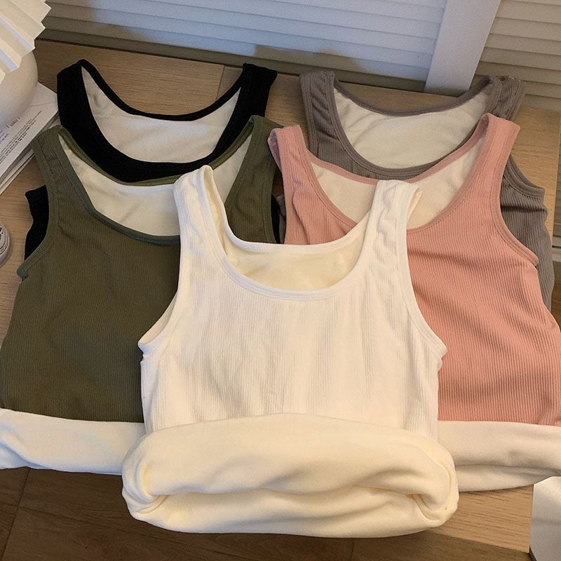 法式別致加絨加厚小吊帶背心女秋冬內搭保暖打底衫外穿短款上衣潮