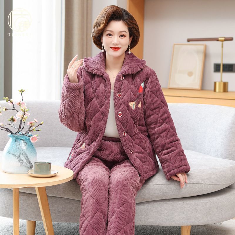 冬季新款夾棉襖睡衣女中年三層加厚加絨珊瑚絨保暖媽媽套裝家居服