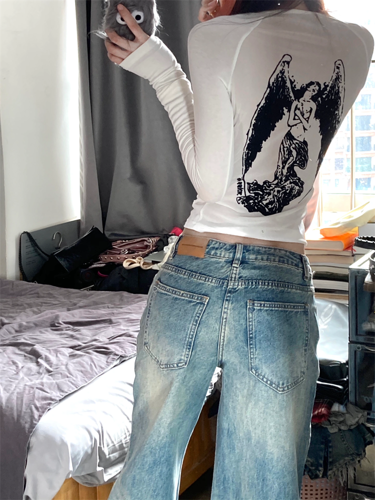 白色天使印花長袖T恤女裝秋季辣妹修身內搭打底衫設計感小眾上衣
