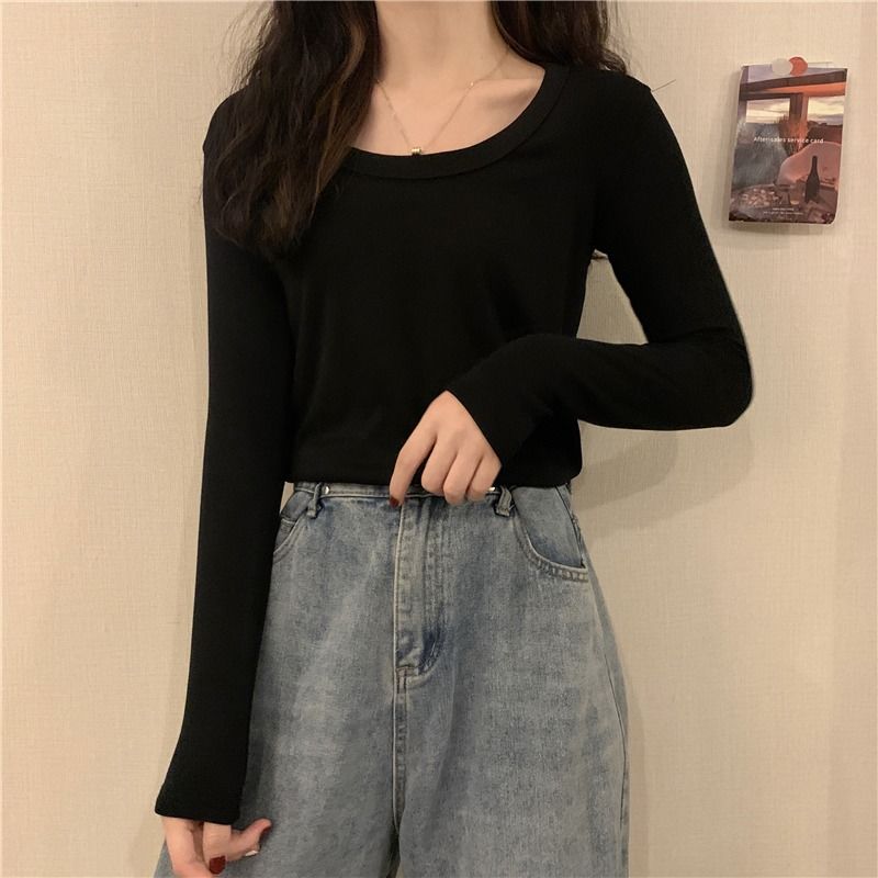黑色低圓領t恤打底衫2023新款女秋冬內搭磨毛保暖顯瘦長袖上衣ins