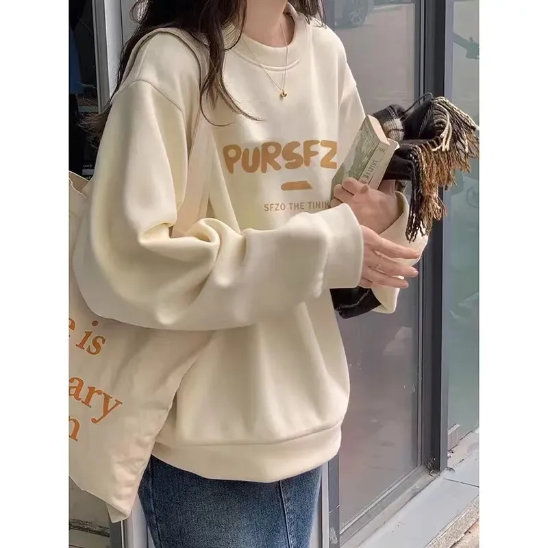 2023奶杏色加絨加厚衛衣女寬鬆銀狐絨高級感無帽秋冬長袖上衣外套