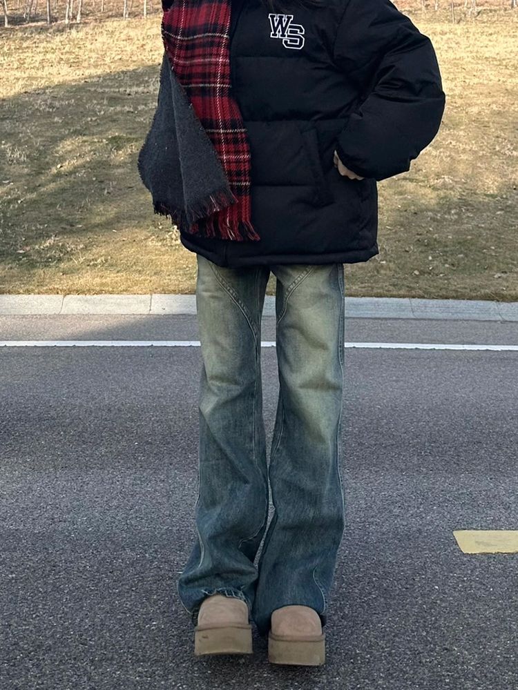 美式街頭闊腿牛仔褲女冬季新款復古寬鬆顯瘦百搭微喇叭直筒長褲子