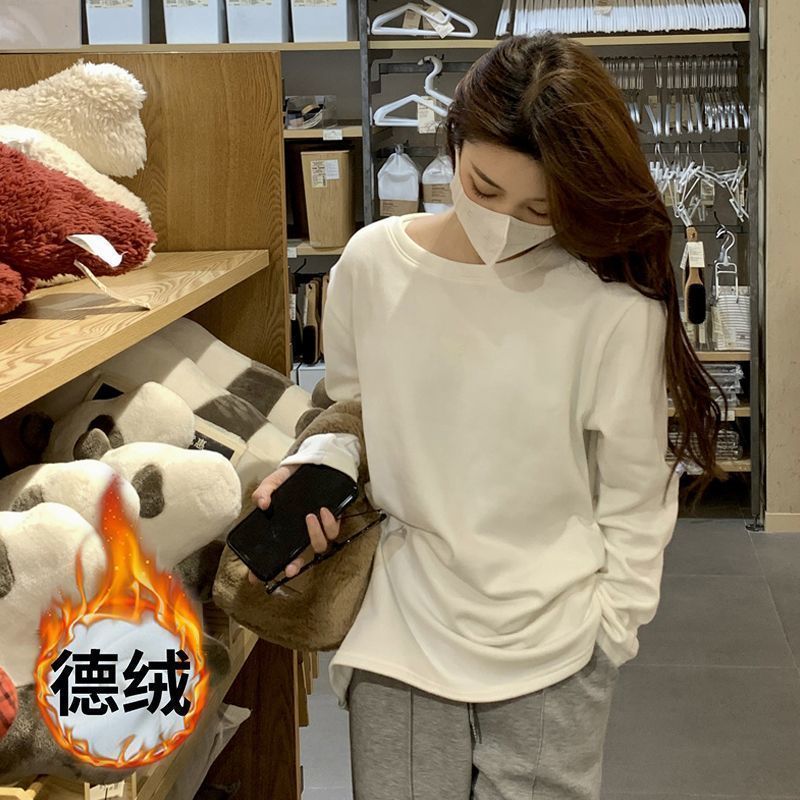 雙面德絨長袖t恤女百搭圓領打底衫秋冬加厚磨毛白色純色寬鬆T恤女